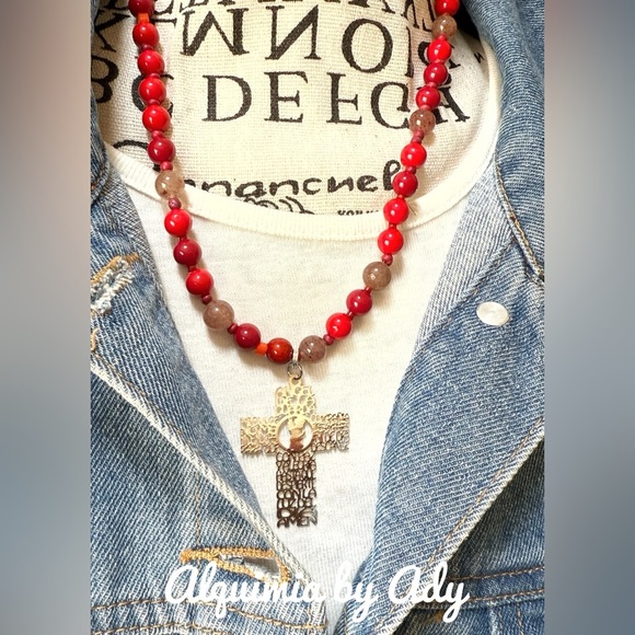 Elegant Red Beaded Necklace with Silver Cross with strawberry quartz - Picture 2 of 3
